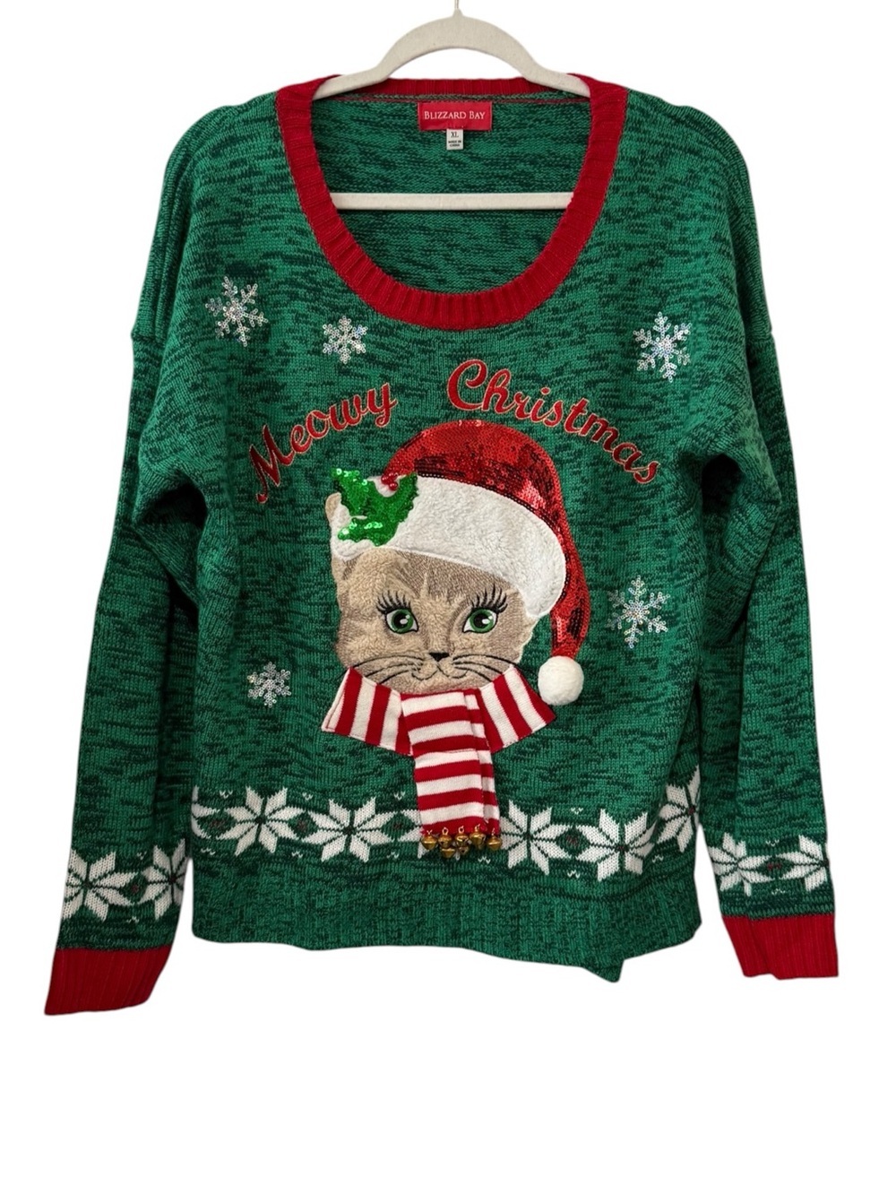 Blizzard Bay Christmas Cat Ugly Sweater Green Sequin Holiday Knit XL
